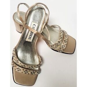CAPARROS Shoes Open Toe Strappy Sandal 6 Champagne Silky Pearls, Sequins & Beads